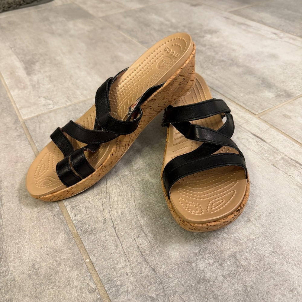 Crocs Women's Size 9 We Sandals Black Strappy Cork Comfort Casual Shoes